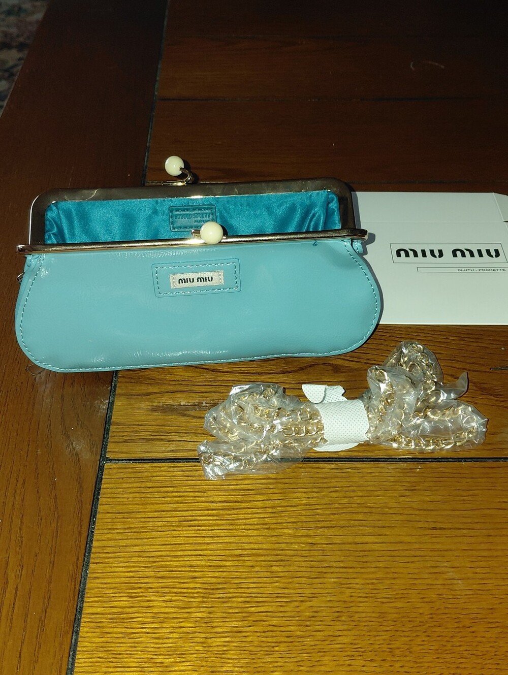 Christmas Gift? Miu Miu Blue Patent Leather Chain Clutch + Box, New - Picture 4 of 8